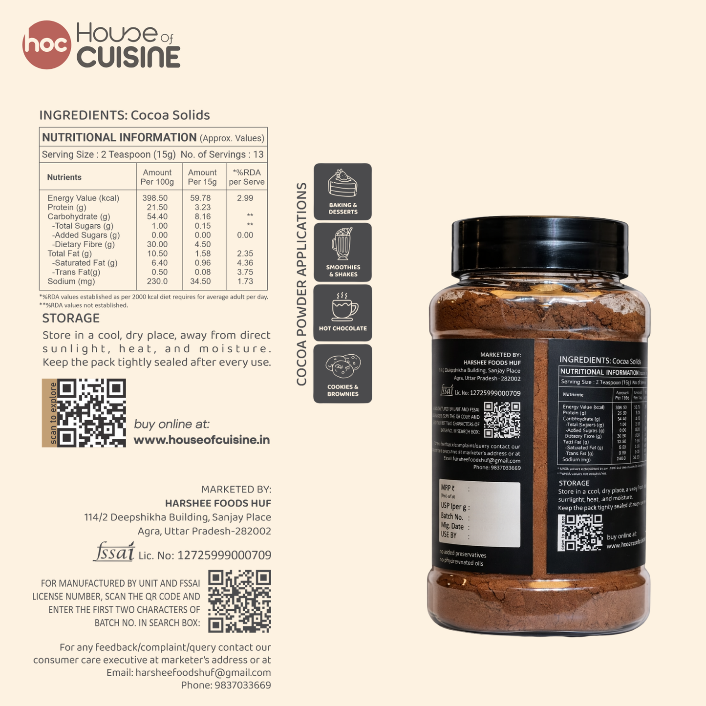 House of Cuisine (HOC) Pure Cocoa Powder 100g | Unsweetened & Alkalized | Rich Dark Chocolate Flavor | Perfect for Baking, Beverages & Desserts