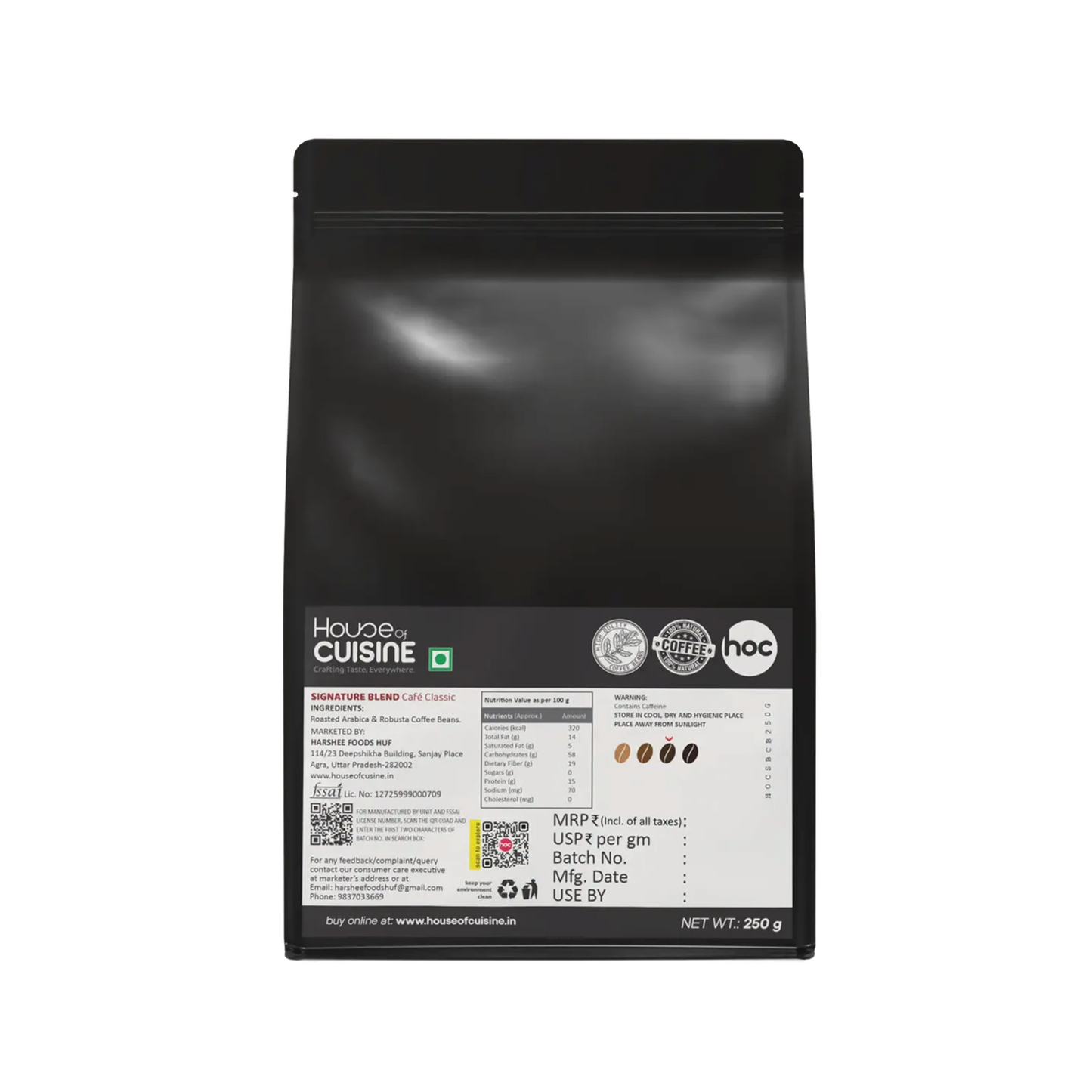 HOC 250g Signature Blend | Coffee Beans Café Style | Strong Roast Coffee Beans