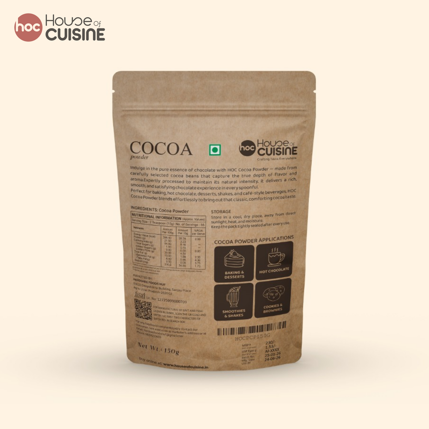House of Cuisine (HOC) Pure Cocoa Powder 150g | Unsweetened & Alkalized | Rich Dark Chocolate Flavor | Perfect for Baking, Beverages & Desserts
