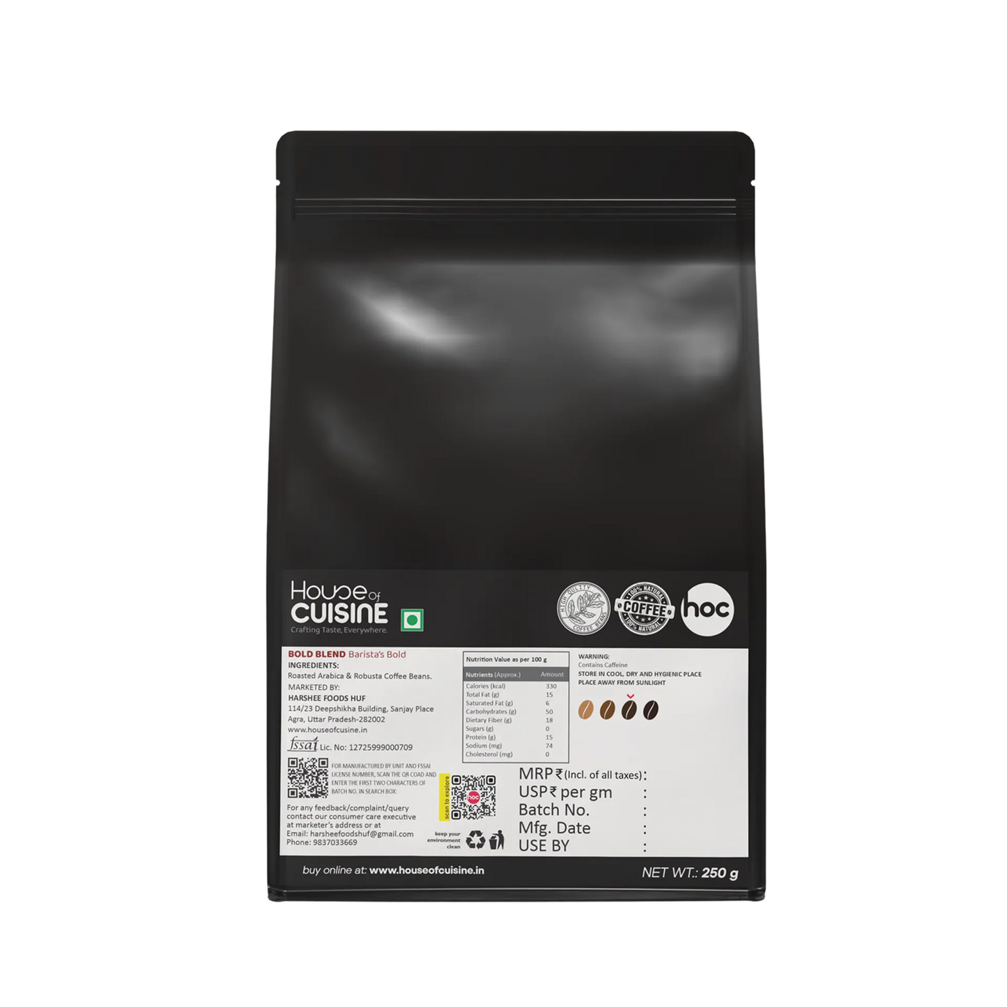 HOC 250g BOLD BLEND Barista Coffee Beans Dark Roast Strong Flavor Coffee Beans