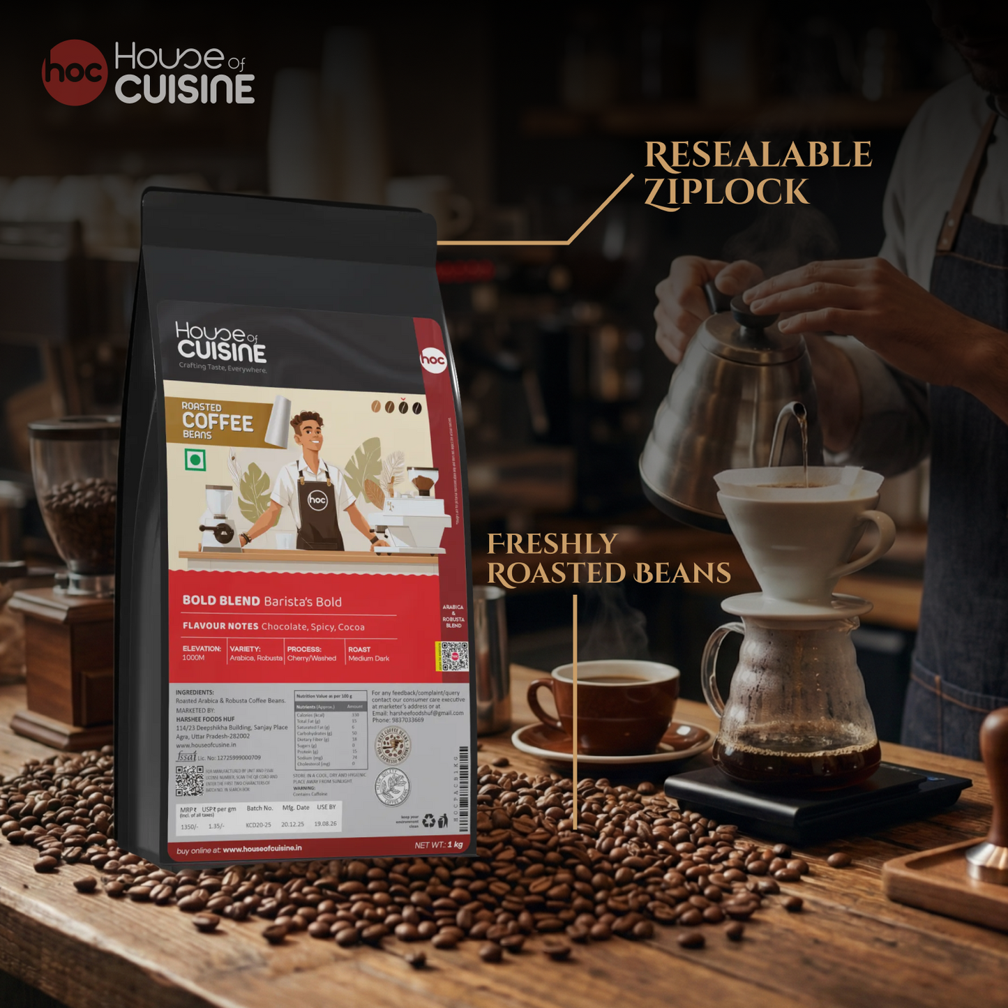 HOC BOLD BLEND 500g  Barista Coffee Beans Dark Roast Strong Flavor Coffee Beans